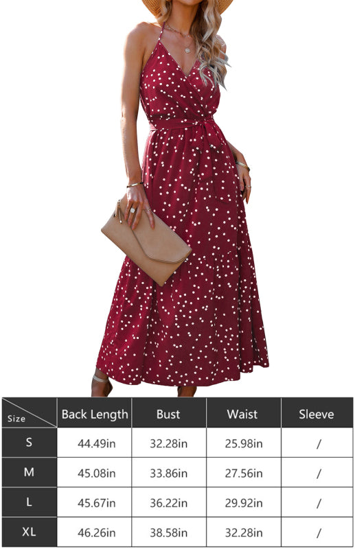 Ladies Summer Fashion V Neck Sling Polka Dot Dress Long Dress