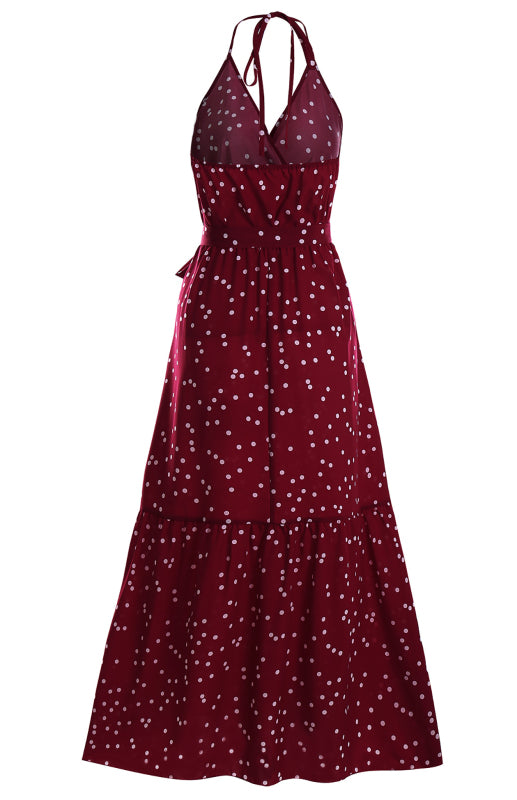 Ladies Summer Fashion V Neck Sling Polka Dot Dress Long Dress