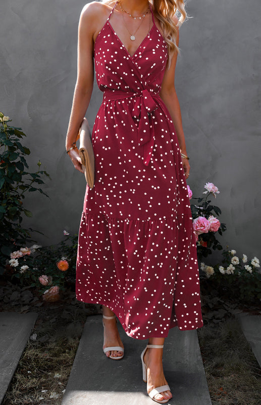 Ladies Summer Fashion V Neck Sling Polka Dot Dress Long Dress