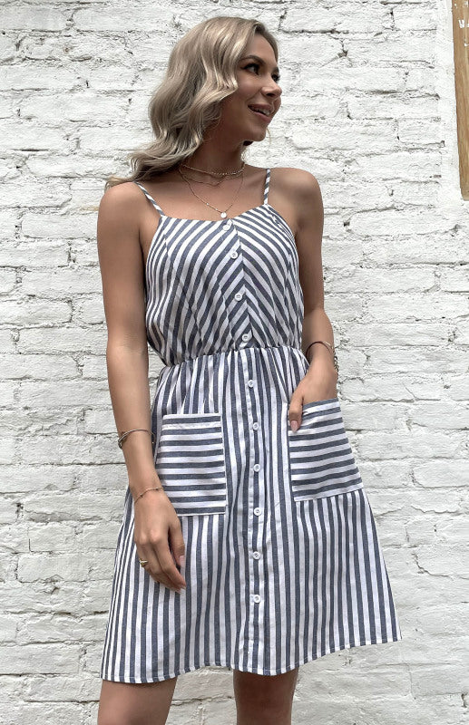 Women's Slip Dress Grey Striped Cotton Linen Dress