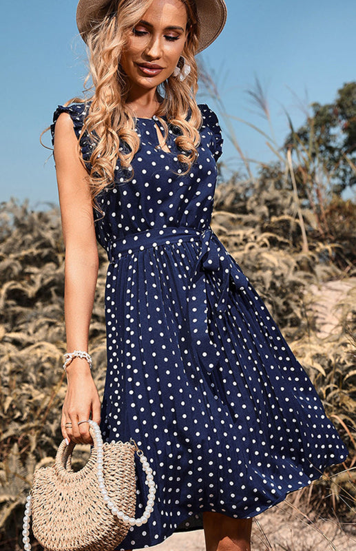 Crew Neck Short Sleeve Polka Dot Lace Up Dress