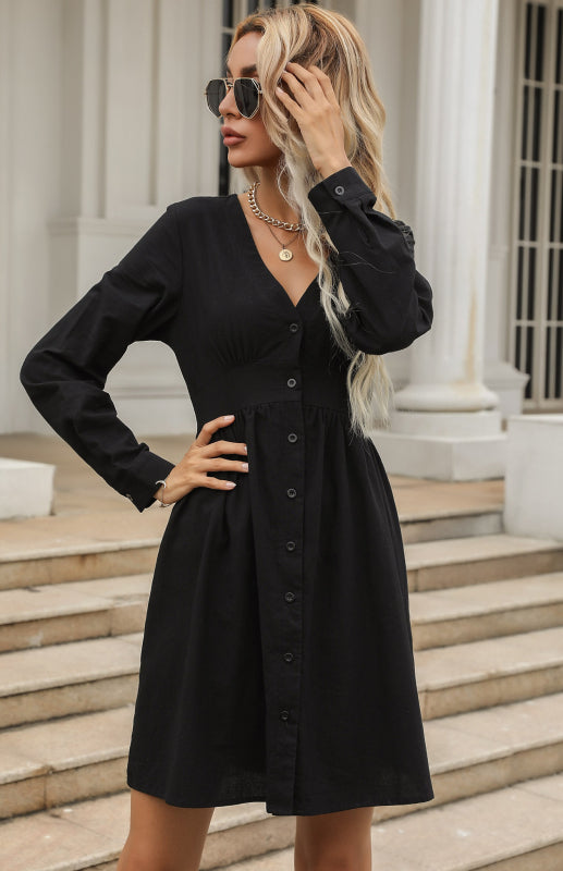 Women's Slim Shirt Dress Black V-Neck Cotton Linen Dress