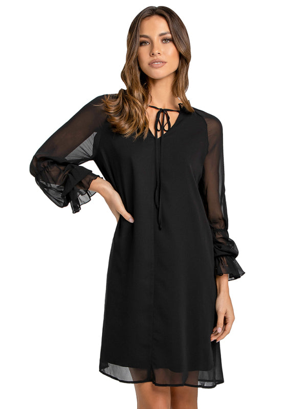 Women's loose flare sleeve solid color hollow out dress