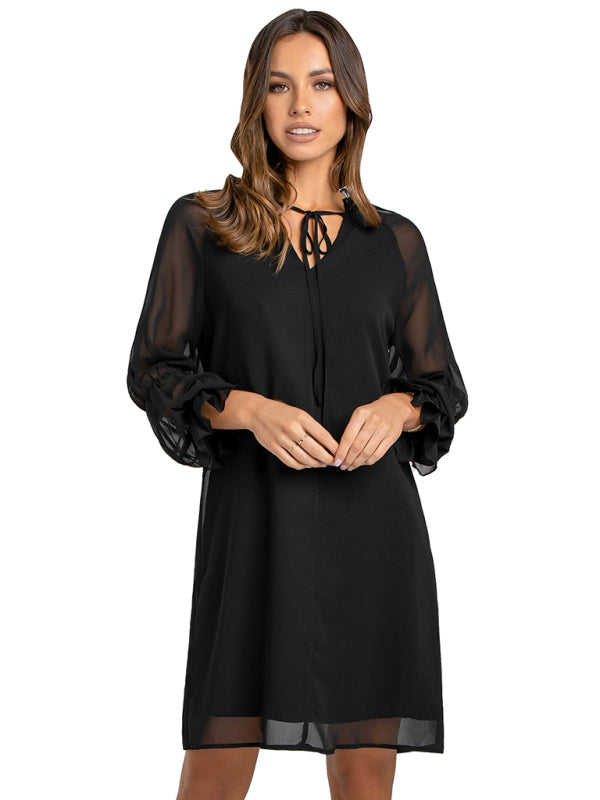 Women's loose flare sleeve solid color hollow out dress