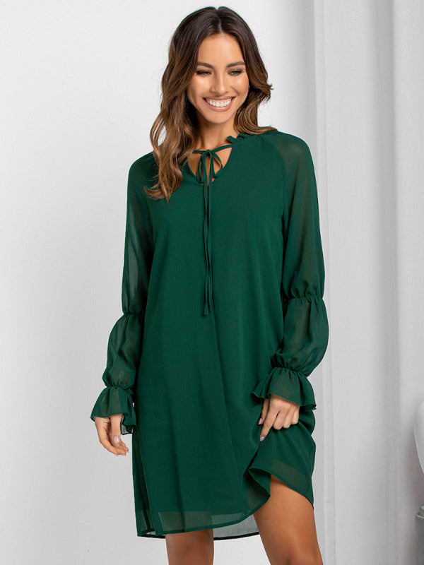 Women's loose flare sleeve solid color hollow out dress