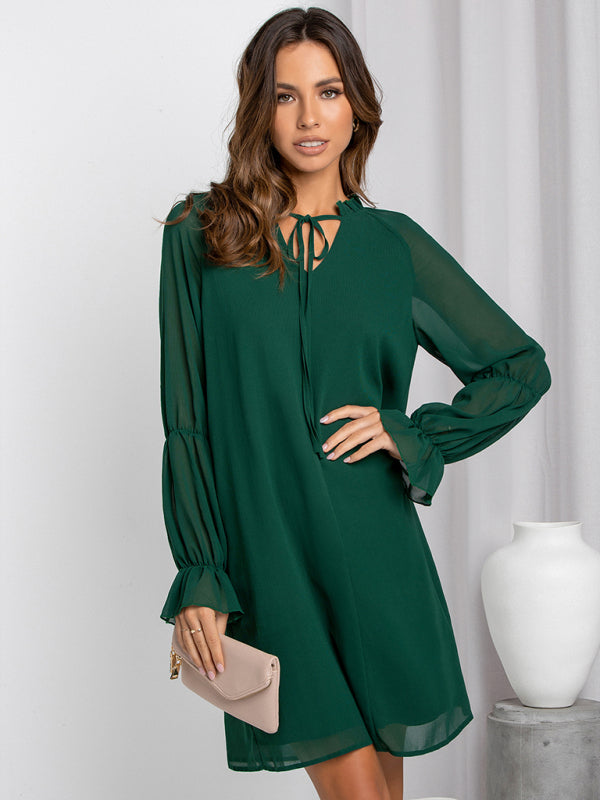 Women's loose flare sleeve solid color hollow out dress