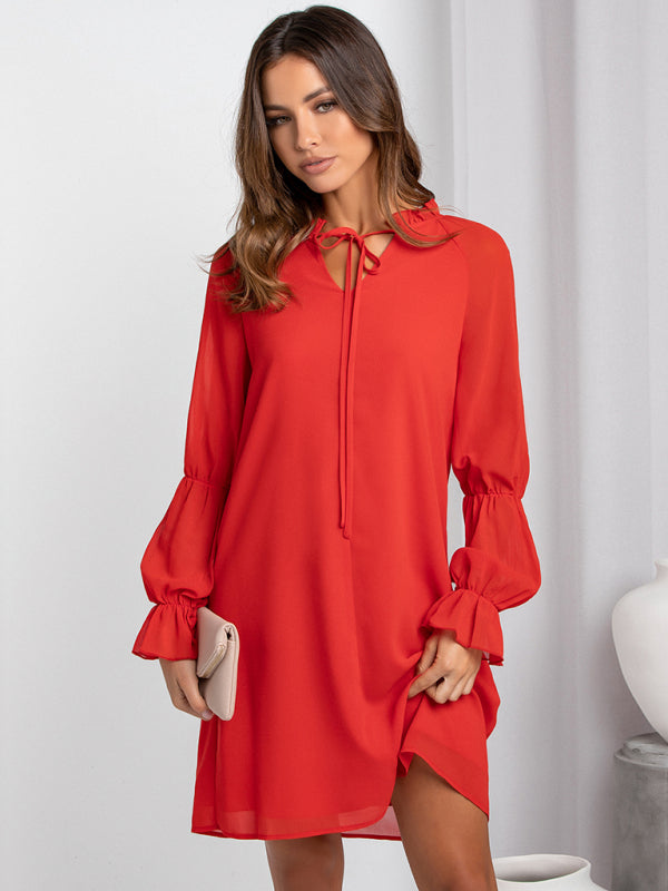 Women's loose flare sleeve solid color hollow out dress