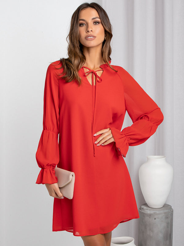 Women's loose flare sleeve solid color hollow out dress