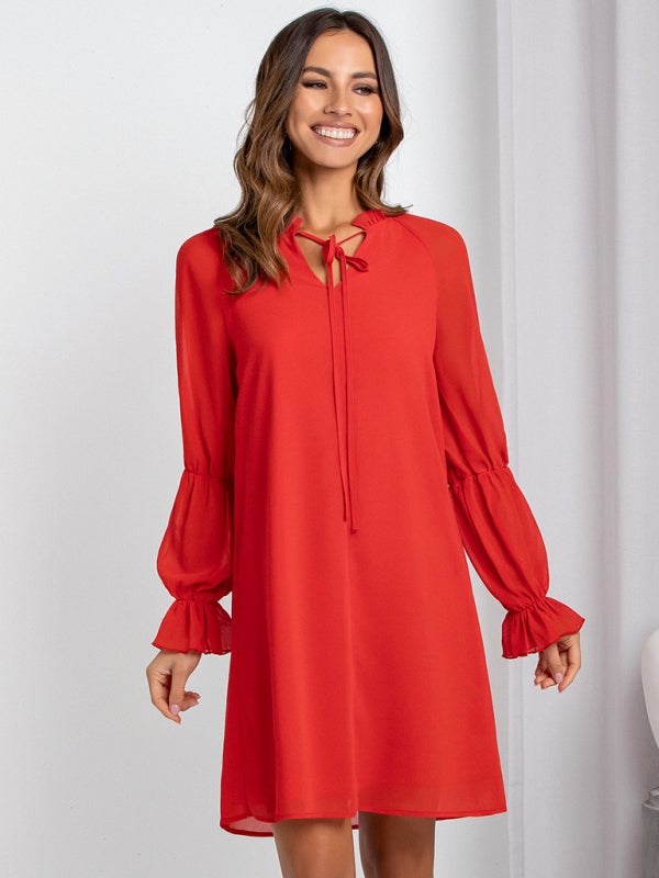 Women's loose flare sleeve solid color hollow out dress