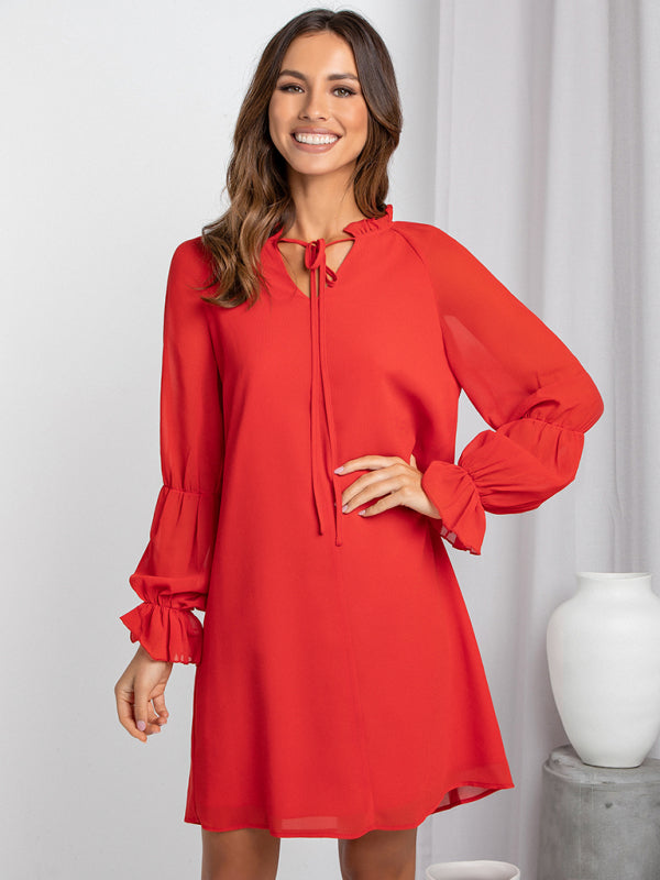 Women's loose flare sleeve solid color hollow out dress