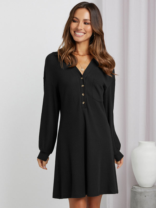 Women's waffle shirt skirt V-neck loose dress