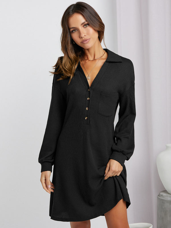 Women's waffle shirt skirt V-neck loose dress