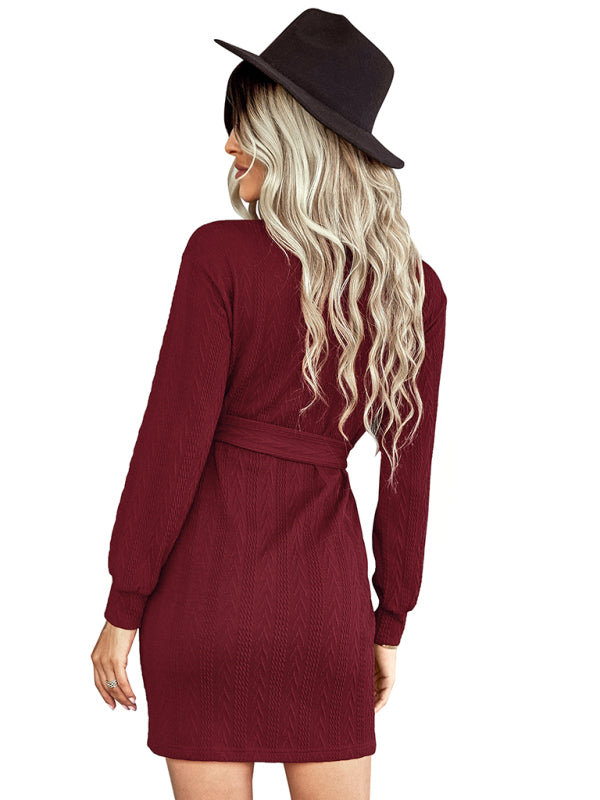 Women's warm high neck lace up Hip Wrap Dress