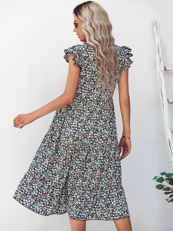 Women's V-neck flying sleeve floral dress long skirt