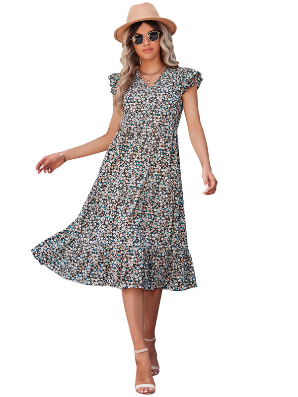 Women's V-neck flying sleeve floral dress long skirt