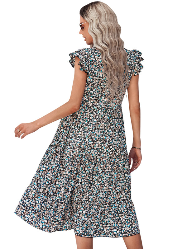 Women's V-neck flying sleeve floral dress long skirt