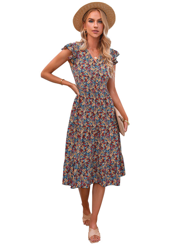 Women's V-neck flying sleeve floral dress long skirt