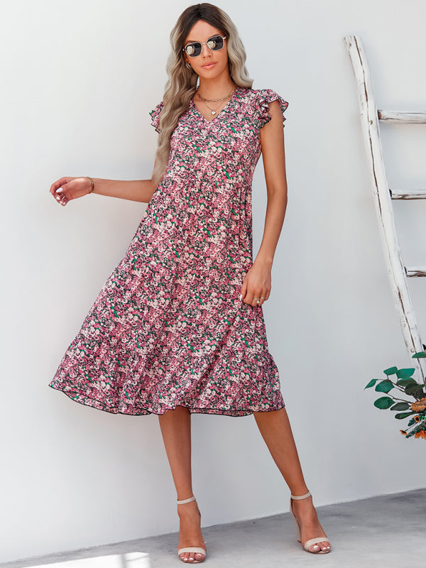 Women's V-neck flying sleeve floral dress long skirt