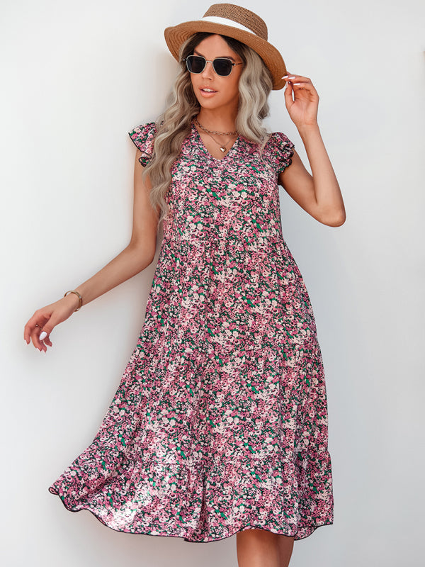 Women's V-neck flying sleeve floral dress long skirt