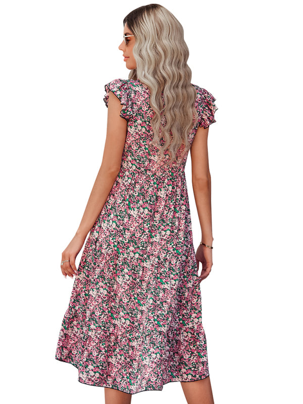 Women's V-neck flying sleeve floral dress long skirt