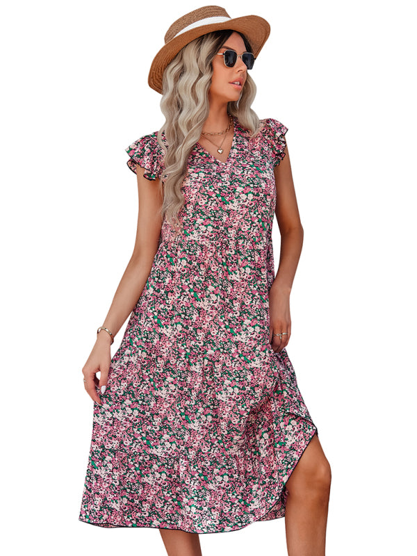 Women's V-neck flying sleeve floral dress long skirt