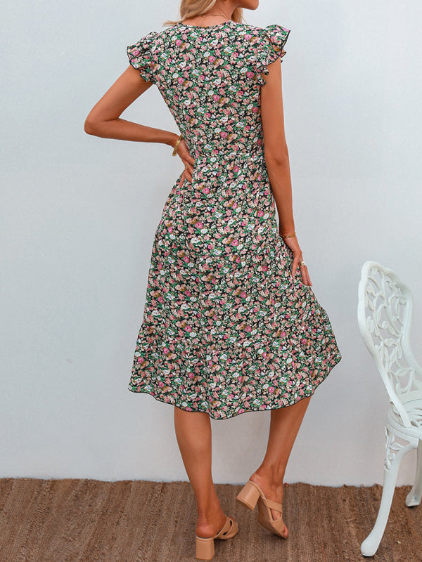 Women's V-neck flying sleeve floral dress long skirt