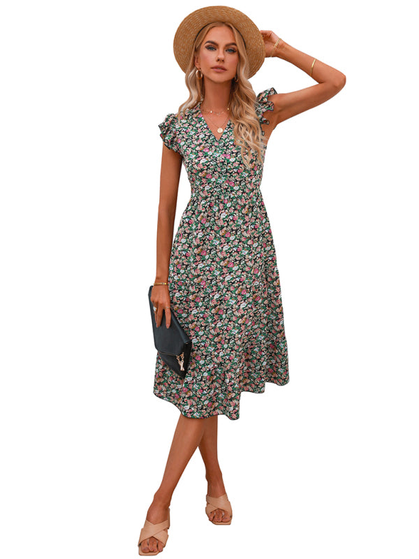 Women's V-neck flying sleeve floral dress long skirt