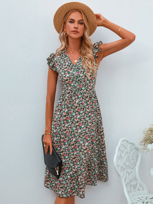 Women's V-neck flying sleeve floral dress long skirt