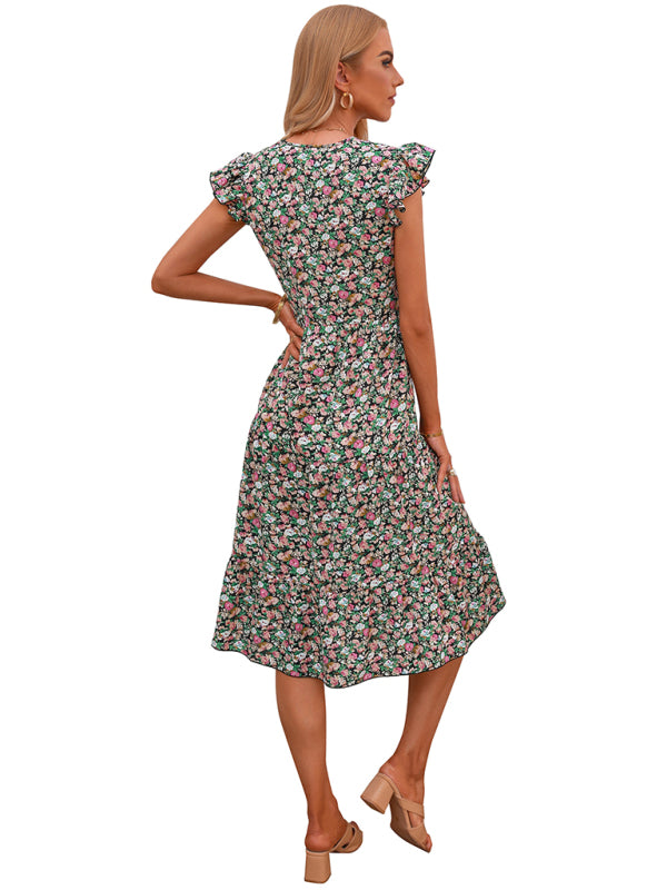 Women's V-neck flying sleeve floral dress long skirt