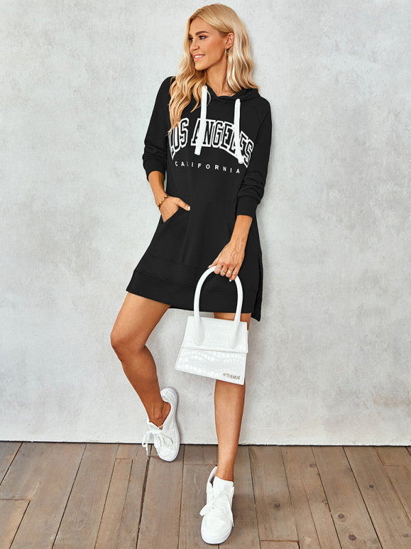 Women's lettered print hooded skirt dress