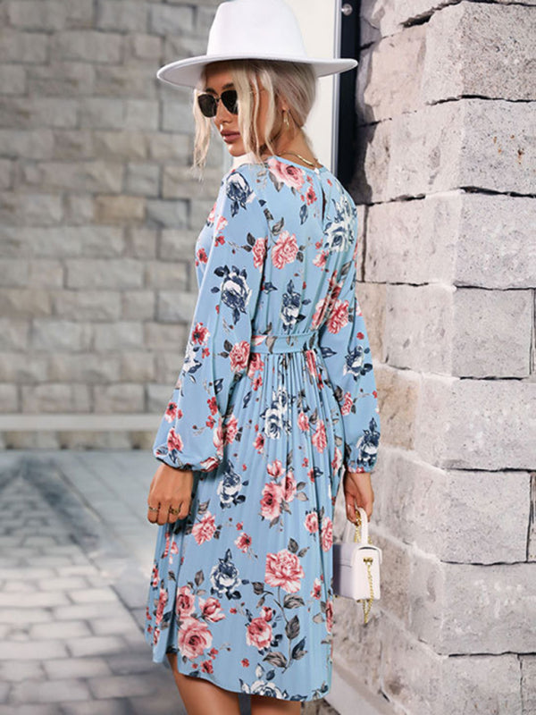 women's autumn and winter floral dress long sleeve blue pleated skirt