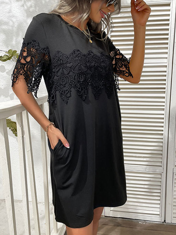 Beauty Short Sleeve T-Shirt Dress Loose Lace Stitching Black Dress