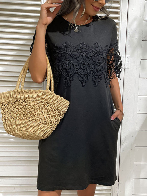 Beauty Short Sleeve T-Shirt Dress Loose Lace Stitching Black Dress