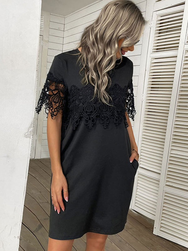 Beauty Short Sleeve T-Shirt Dress Loose Lace Stitching Black Dress