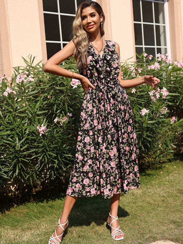 Vintage Floral Print Black Maxi Dress