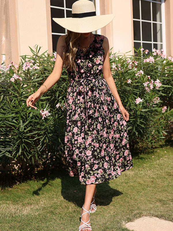 Vintage Floral Print Black Maxi Dress