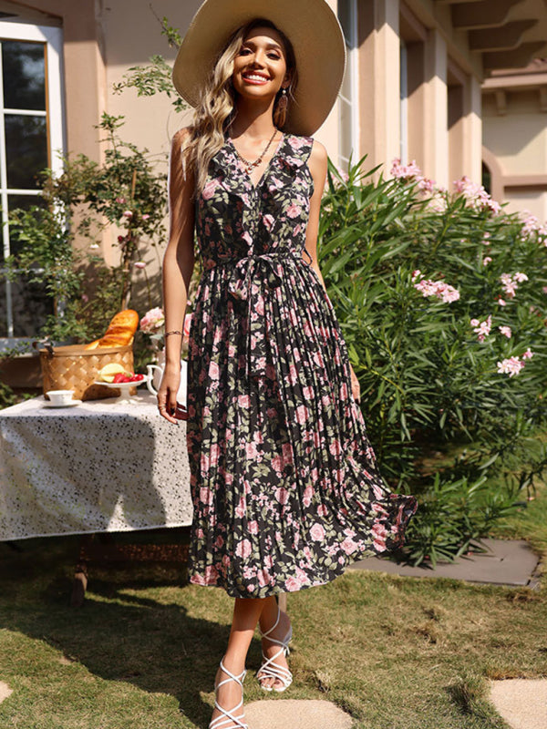 Vintage Floral Print Black Maxi Dress