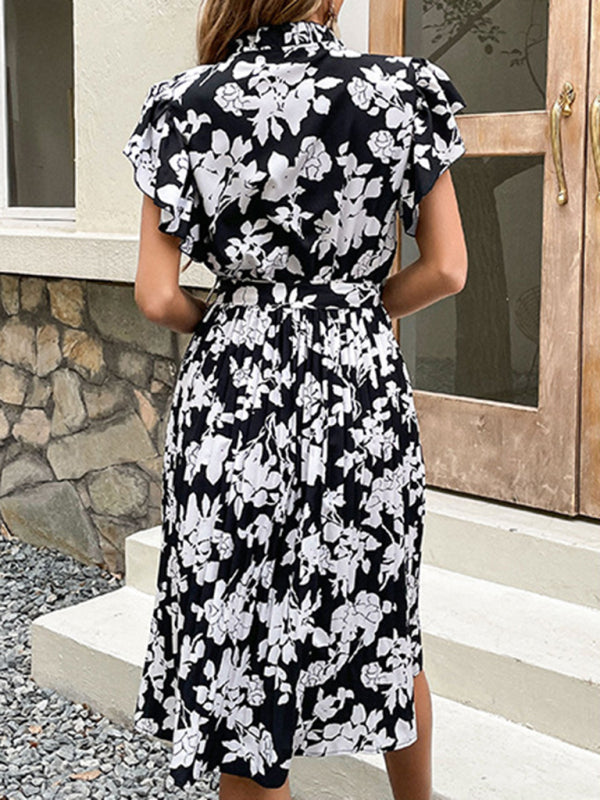 High Waist Midi Dress Printed Black Foreign Trade Dress