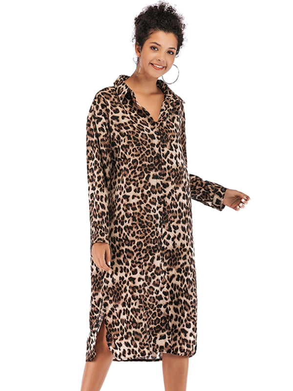 Vintage Loose Leopard Lapel Long Chiffon Shirt Dress