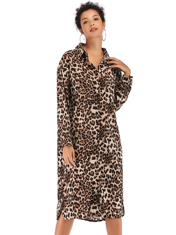 Vintage Loose Leopard Lapel Long Chiffon Shirt Dress