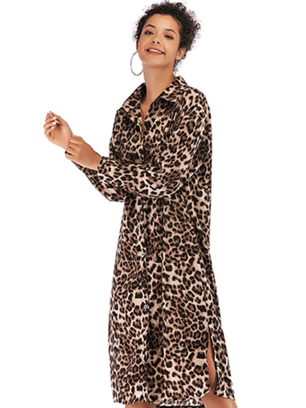 Vintage Loose Leopard Lapel Long Chiffon Shirt Dress