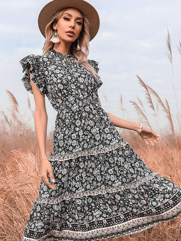 Retro women's v-neck fungus fringed floral dress