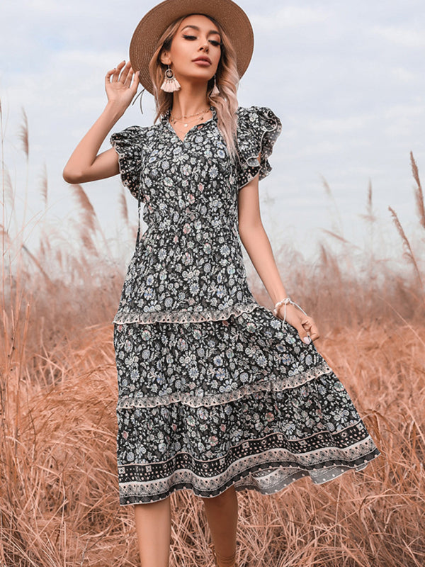 Retro women's v-neck fungus fringed floral dress