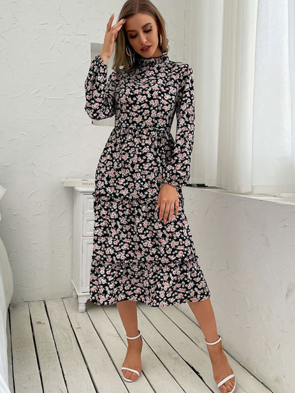 npl mid-length turtleneck pleated print dress