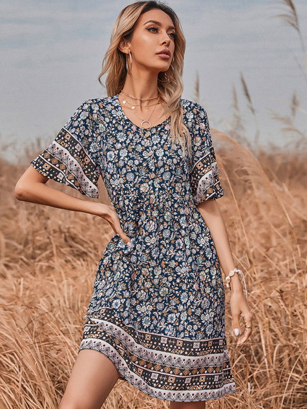 New Women's Printed Round Neck Short Vintage Dress