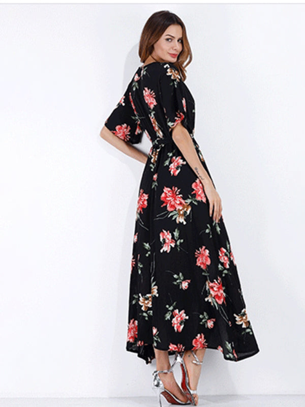 Seaside Vacation Short Sleeve V-Neck Floral Dress