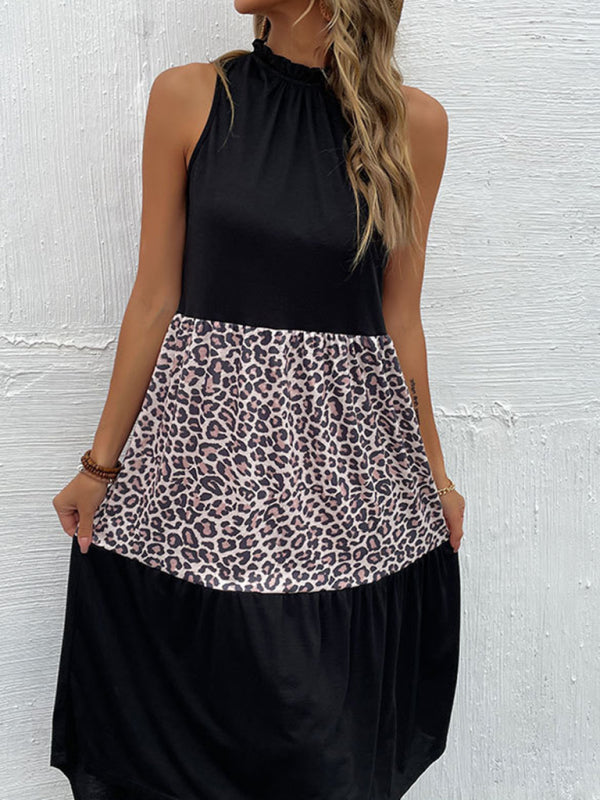 Halter Dress Slim Fit Sleeveless Leopard Panel Dress