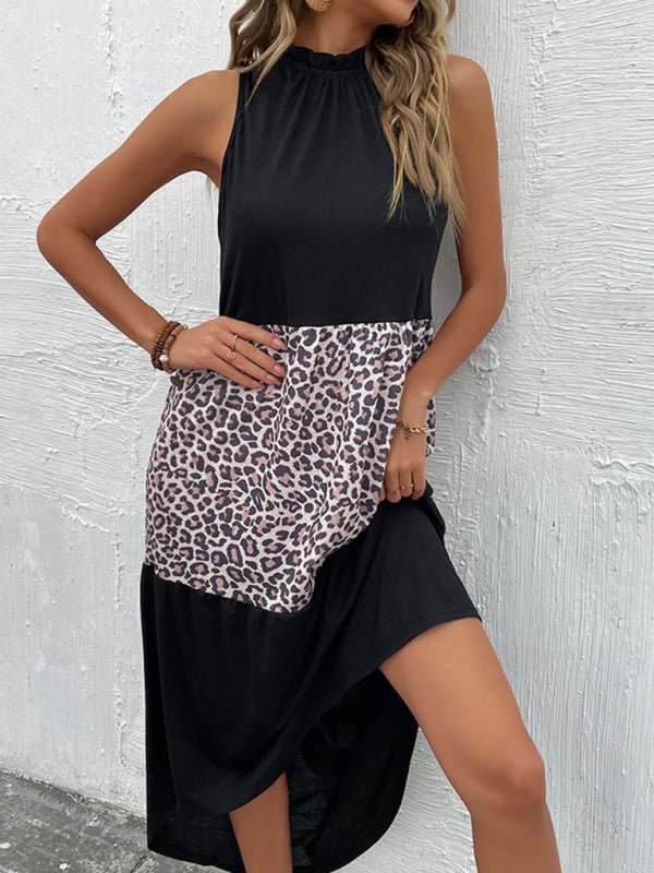 halter dress slim fit sleeveless leopard panel dress