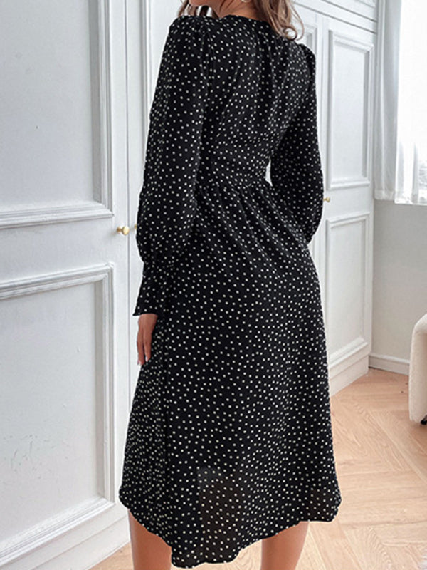 Autumn women's temperament black polka dot long sleeve dress