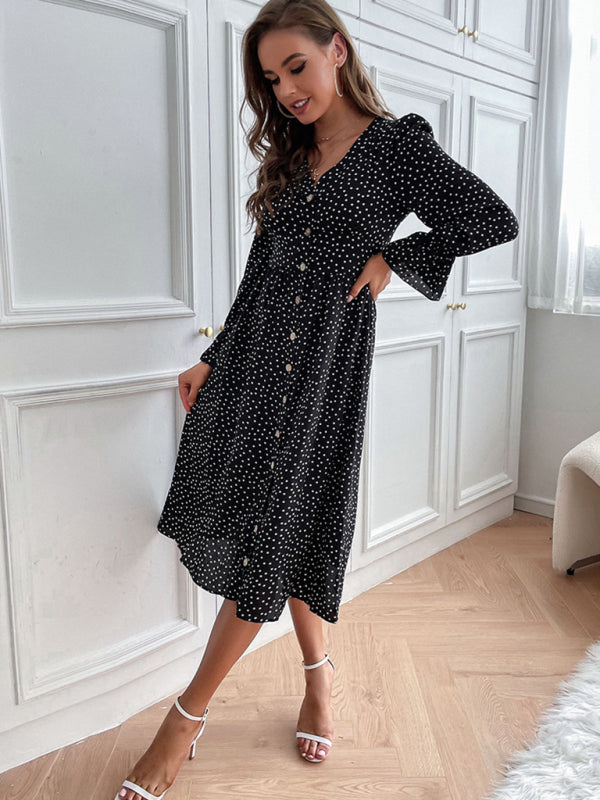 Autumn women's temperament black polka dot long sleeve dress